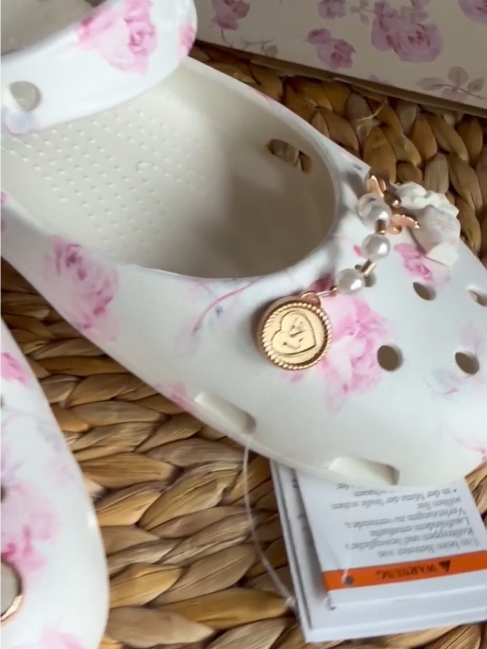 CROCS White Floral Over-the-Knee Boots with Pink Rose Print and Gold Charm